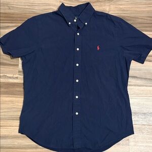 Polo Ralph Lauren Shirt Mens L Navy Blue Button Down Short Sleeve Custom Fit